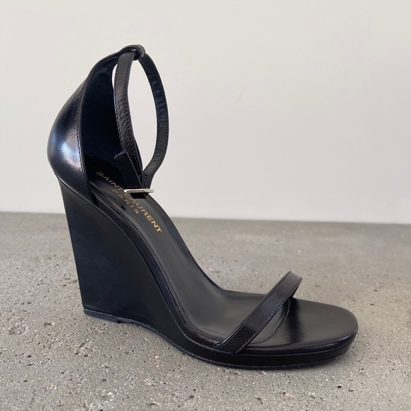 SAINT LAURENT Leather Wedge Sandals in Black - Picture 1 of 6